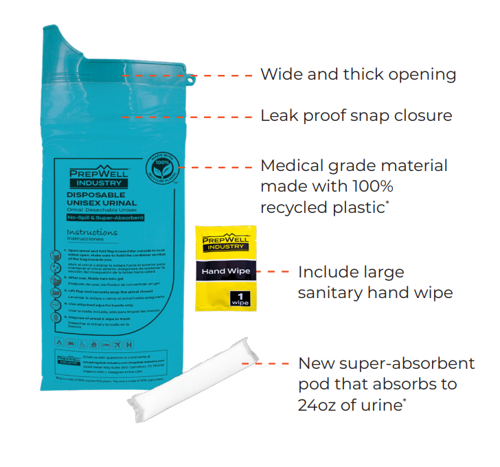 PrepWell Industry™ Disposable Unisex Urinal with Super-Absorbent Pouch